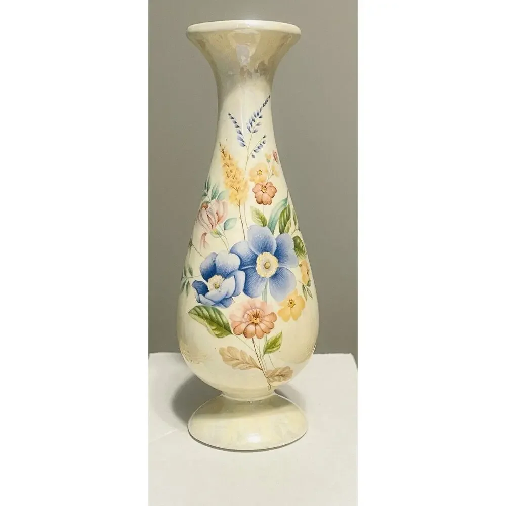 Vintage Mini Bud Vase Iridescent Pearl Lustre Painted Floral Pink Yellow Blue